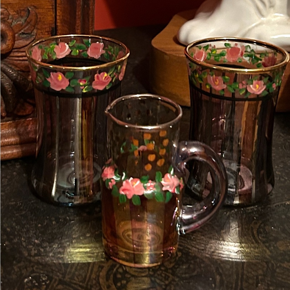 Vintage Mackenzie Childs Circus Dot Roses Juice Glasses (2) & Mini  Pitcher Gold